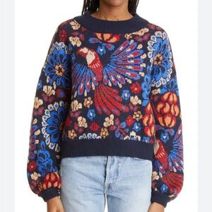 Farm Rio Pineapple Flowers Sweater Blouson Sleeve Jacquard S
